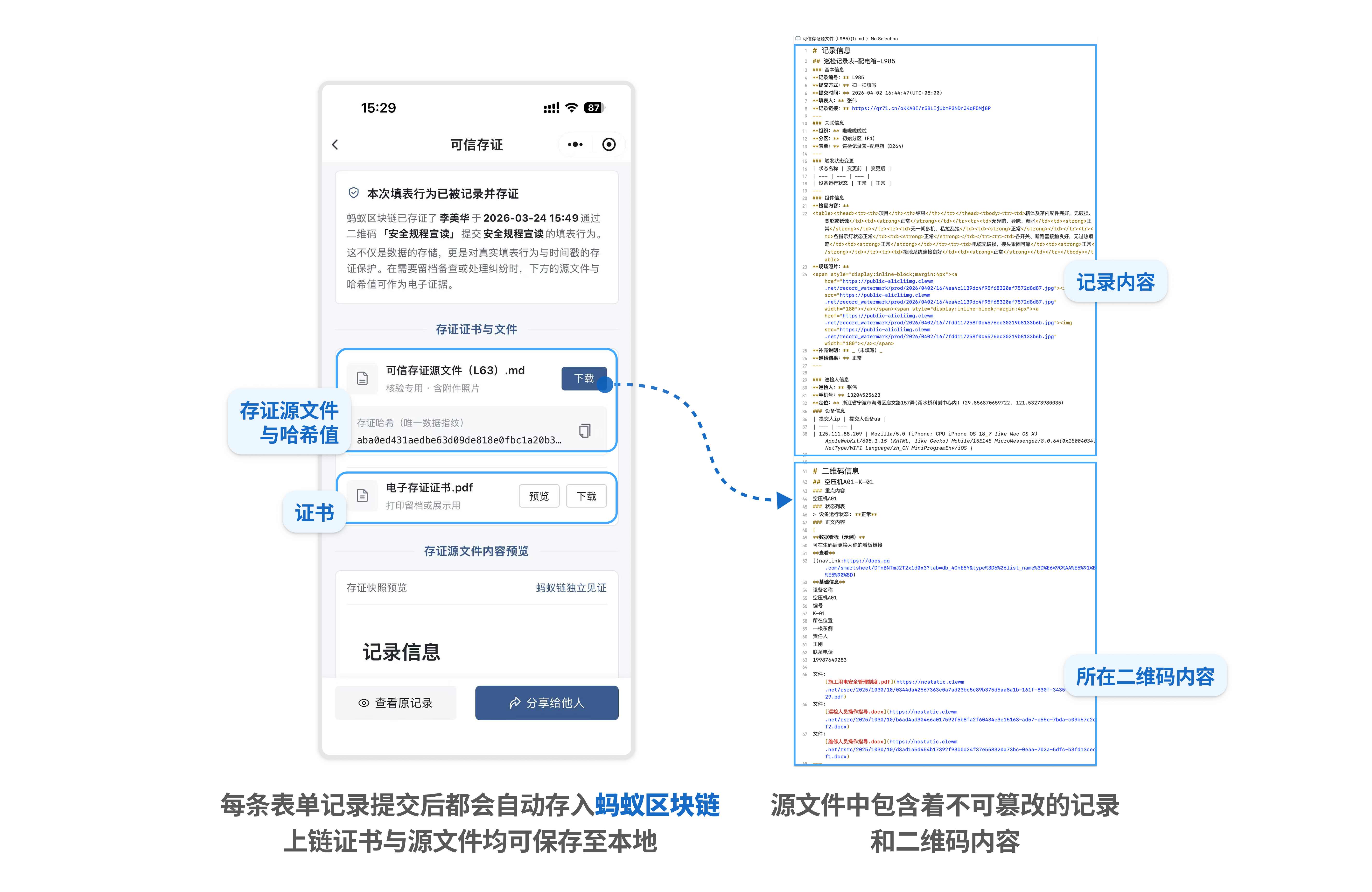 可信存证展示页面升级：存证源文件、存证哈希值和电子存证证书集中展示