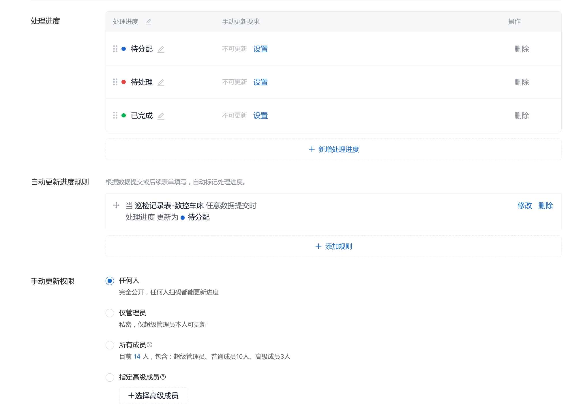 处理进度设置：所有进度不可手动更新，数据提交后自动更新为待分配