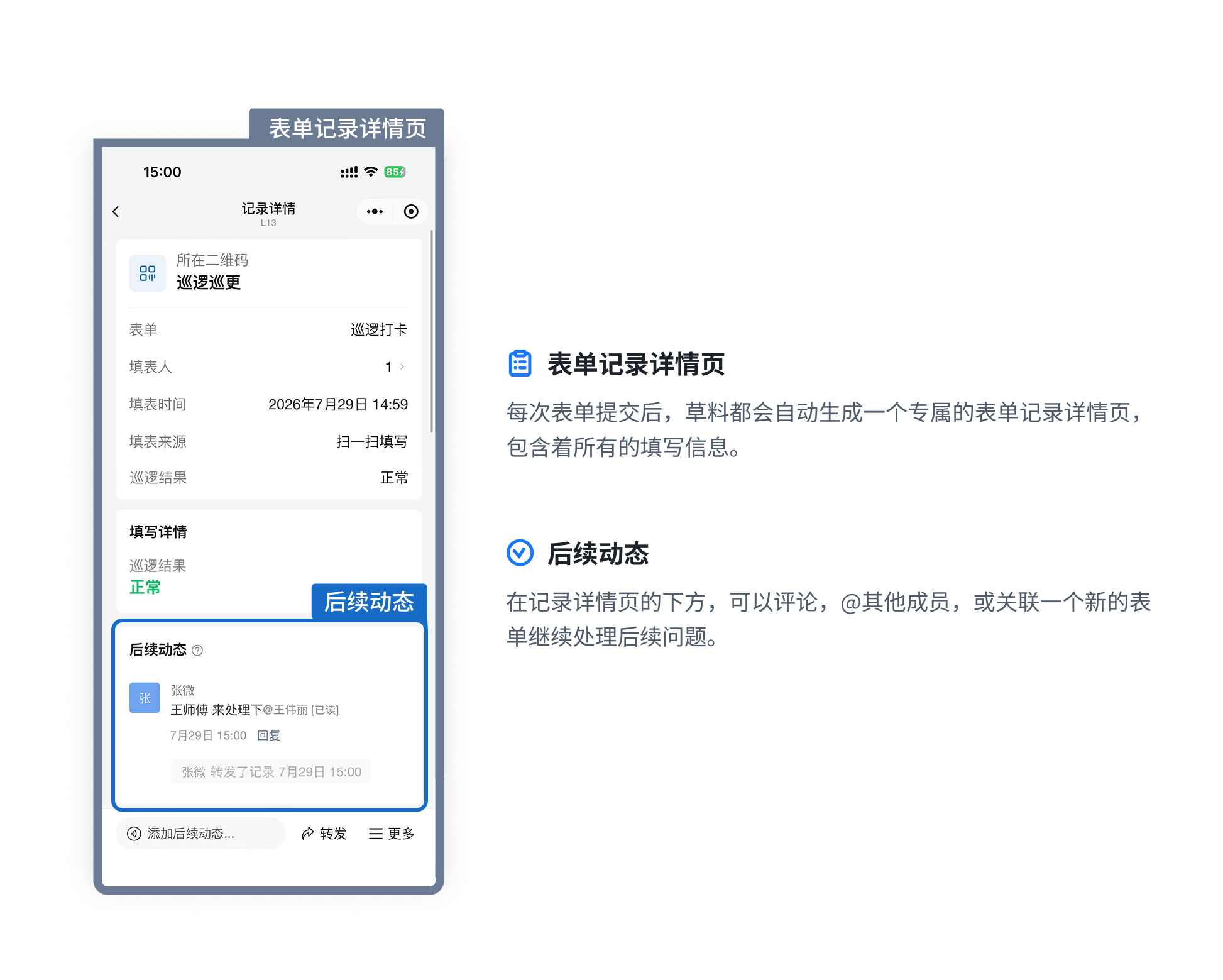 表单记录详情页及后续动态区域