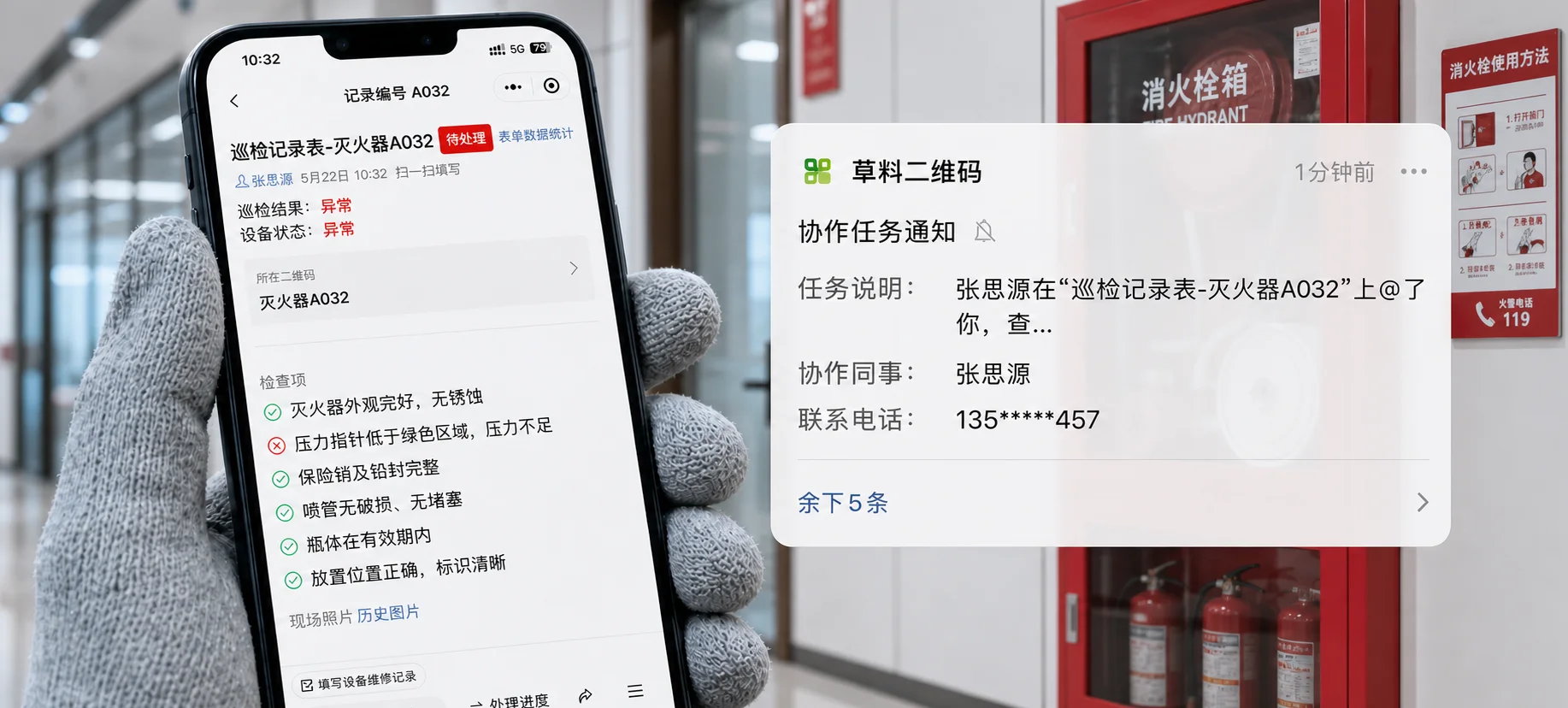 灭火器 A032 的巡检记录判为异常：手机上的记录显示巡检结果异常、设备状态异常，检查项里压力指针低于绿色区域一项标红，记录状态为待处理；右侧是责任人收到的微信协作任务通知，写明谁在这条巡检记录上指派了他；背景是走廊里的消火栓箱和灭火器