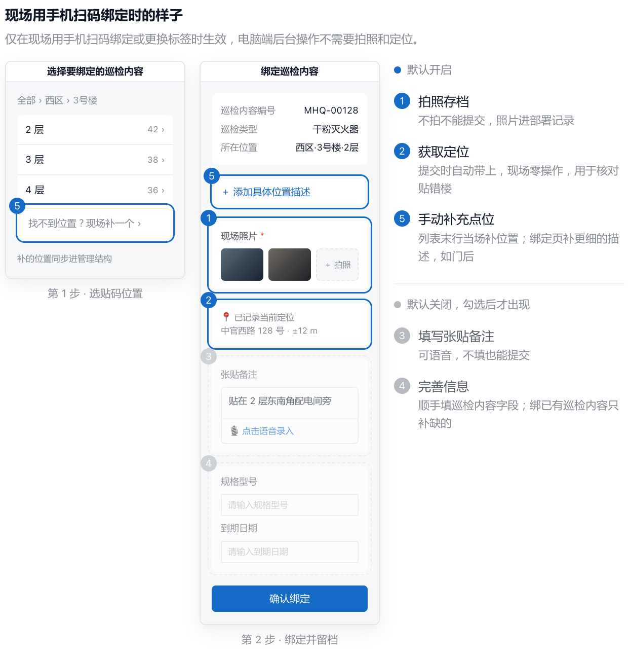 现场用手机扫码绑定时选择位置、拍照存档和补充具体位置