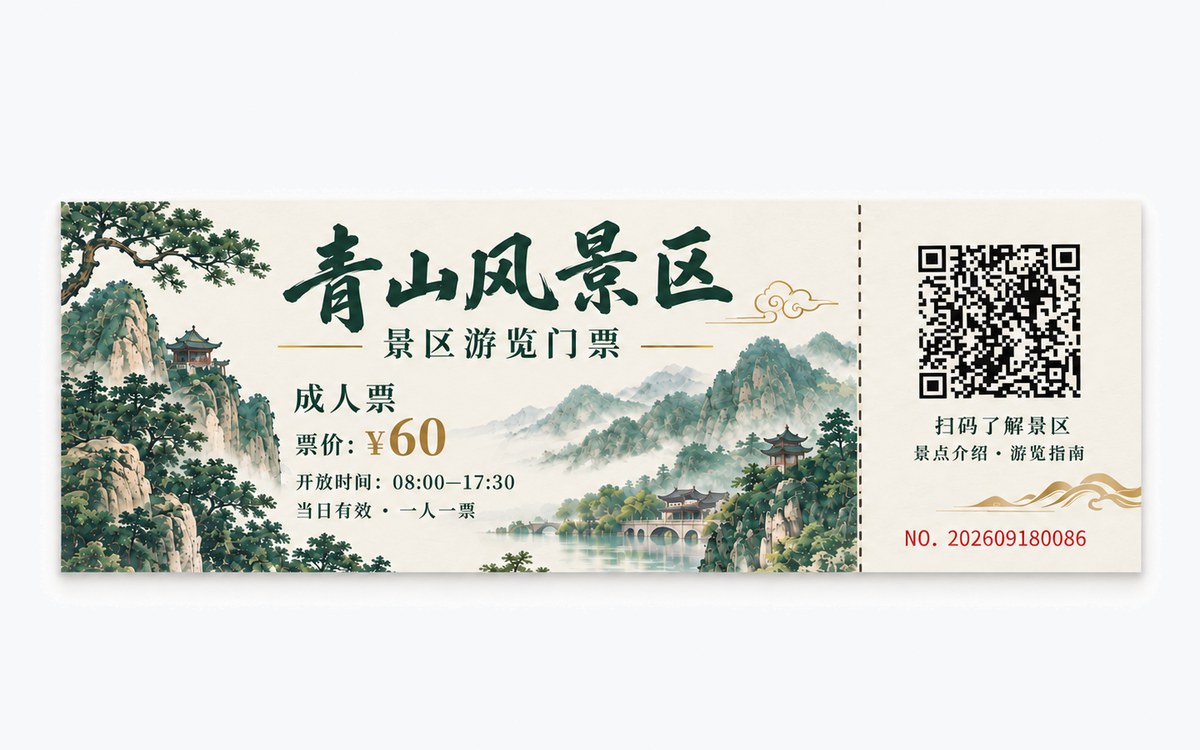 青山风景区游览门票,票根一侧印有二维码,扫码了解景区景点介绍和游览指南