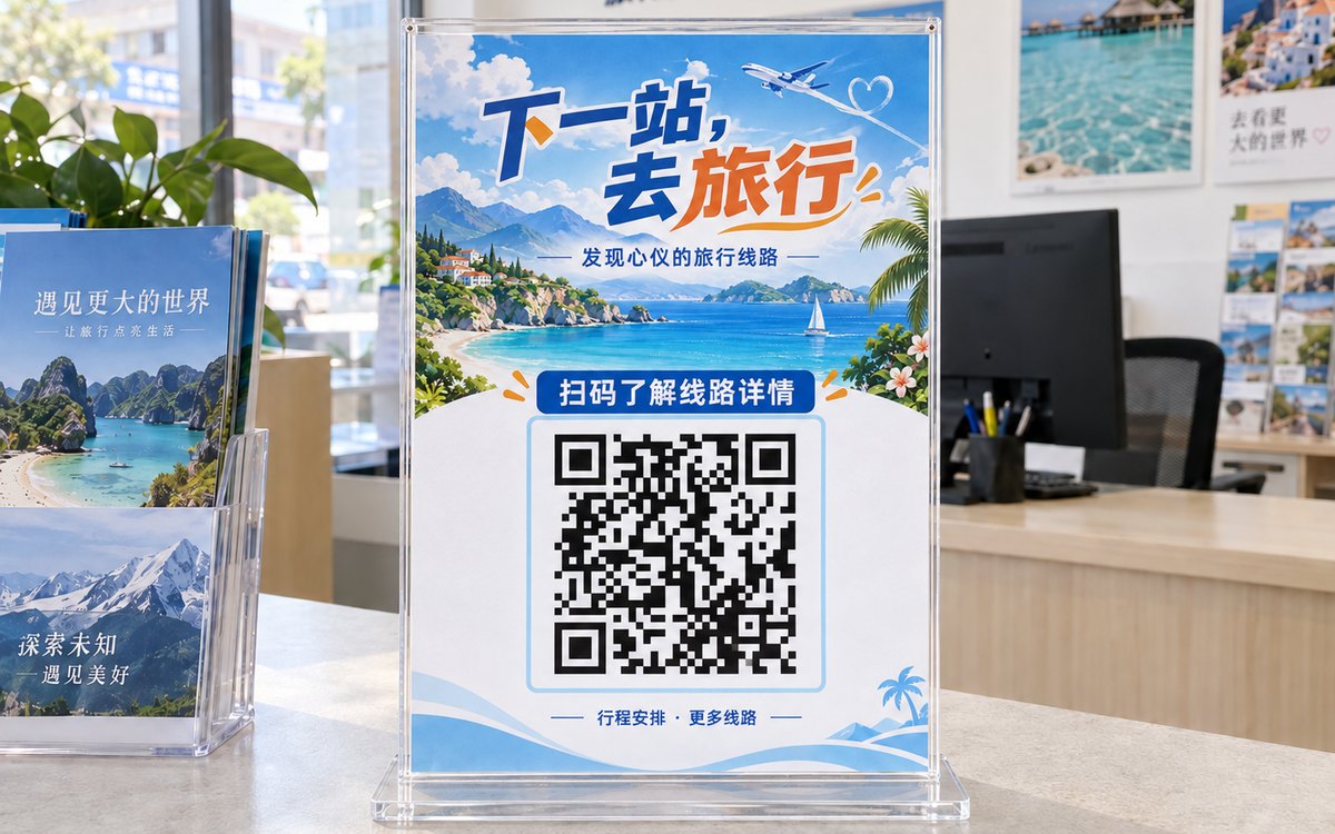 旅行社门店前台的亚克力台卡,印着扫码了解线路详情的二维码