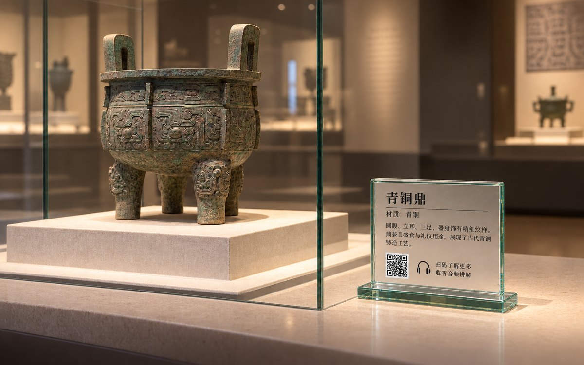 博物馆展柜旁的青铜鼎展品说明牌,牌上印有二维码,扫码了解更多并收听音频讲解
