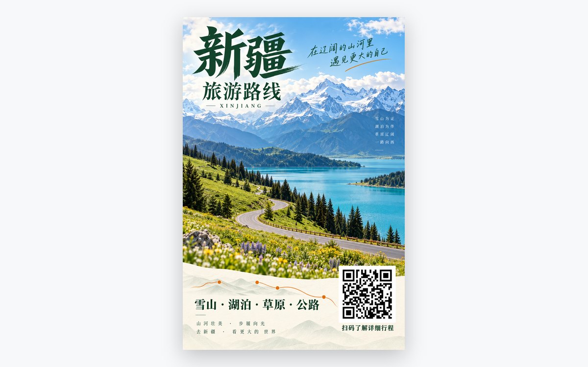 新疆旅游路线海报,雪山湖泊公路风景配路线主题,右下角印有二维码,扫码了解详细行程