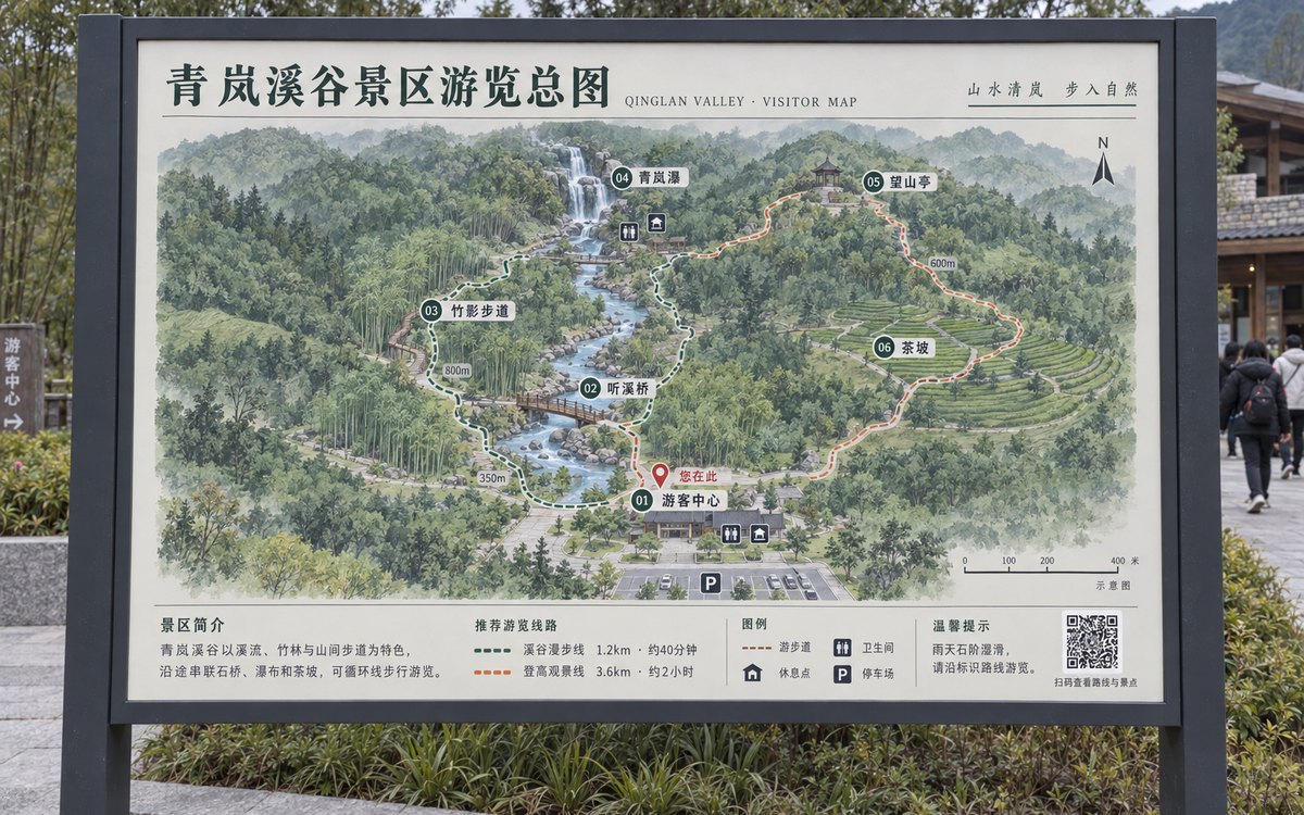 景区游客中心的游览总图看板,右下角印有二维码,扫码查看路线与景点