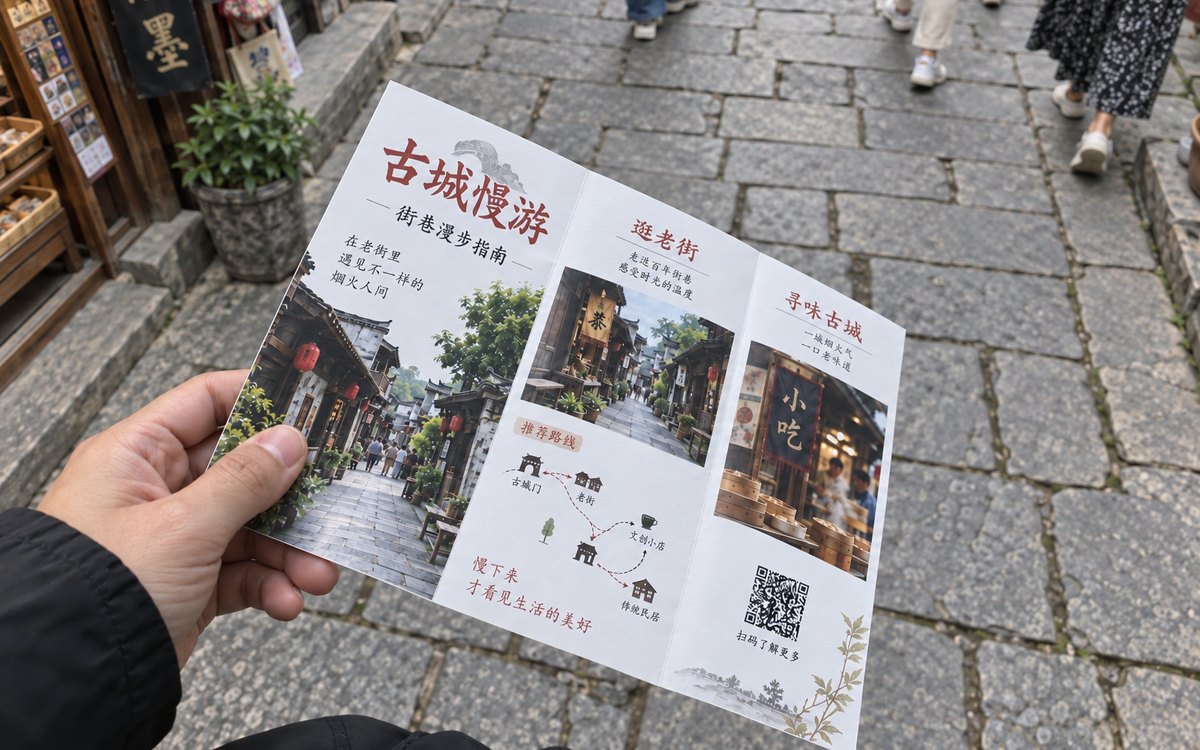 手持古城慢游三折页,页面印有推荐路线图和二维码,扫码了解更多