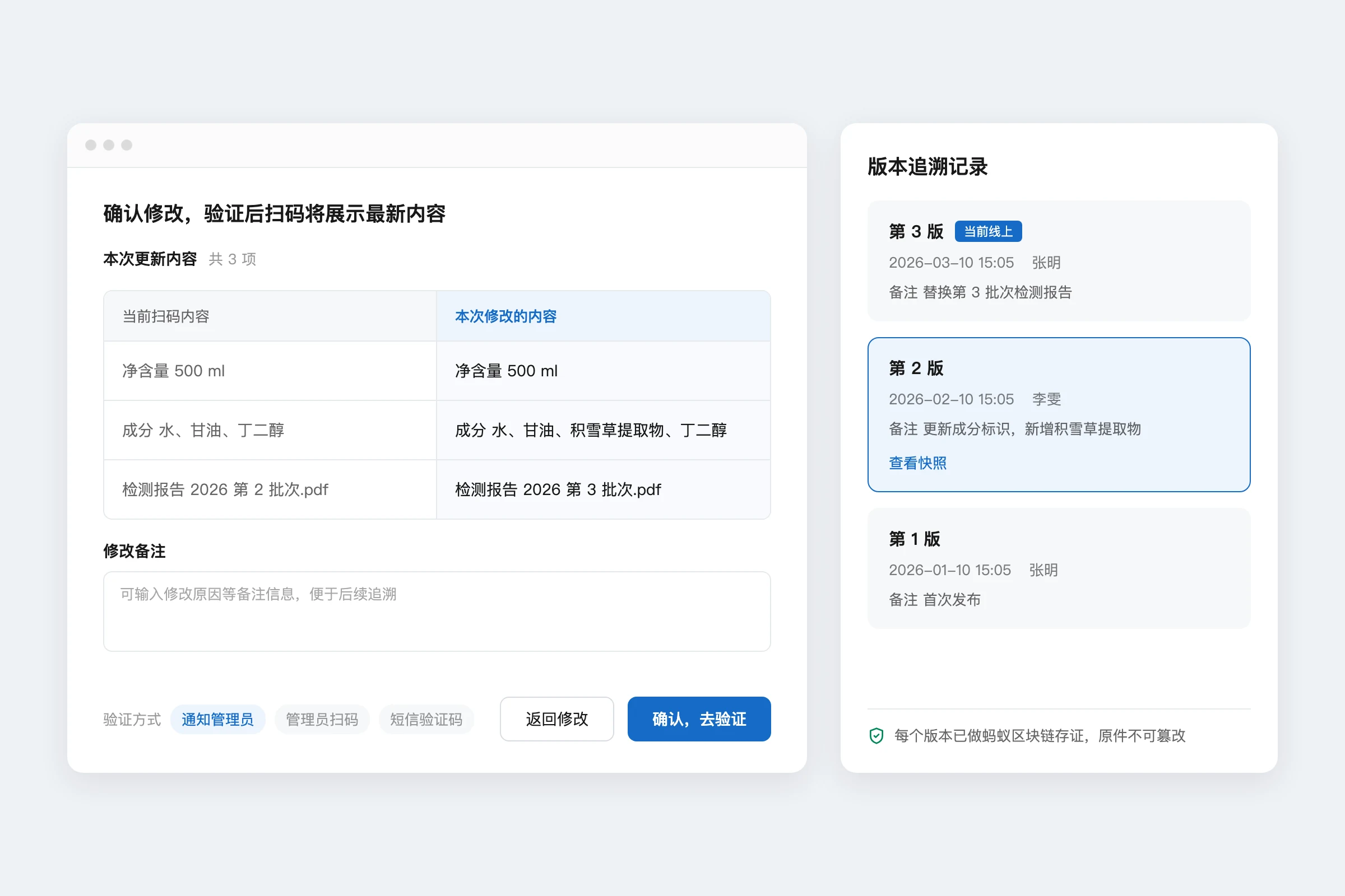 内容更新保护确认弹窗对照修改前后内容,右侧版本追溯记录列出每版时间、操作人和备注