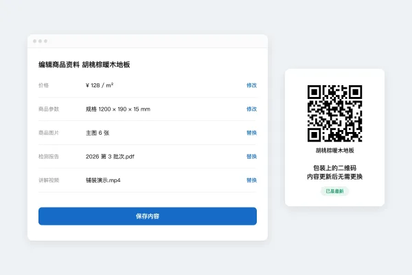 后台编辑商品资料，价格、参数、图片、检测报告、视频分别修改，包装上的二维码无需更换