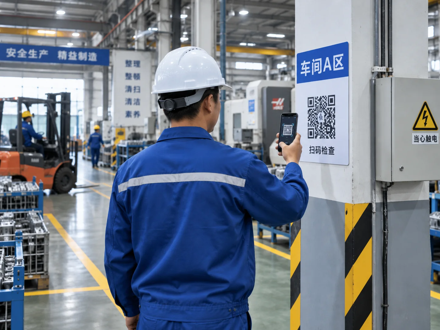 戴白色安全帽的安全员在车间立柱前扫「车间 A 区 扫码检查」的蓝色二维码牌，身后是叉车和机床