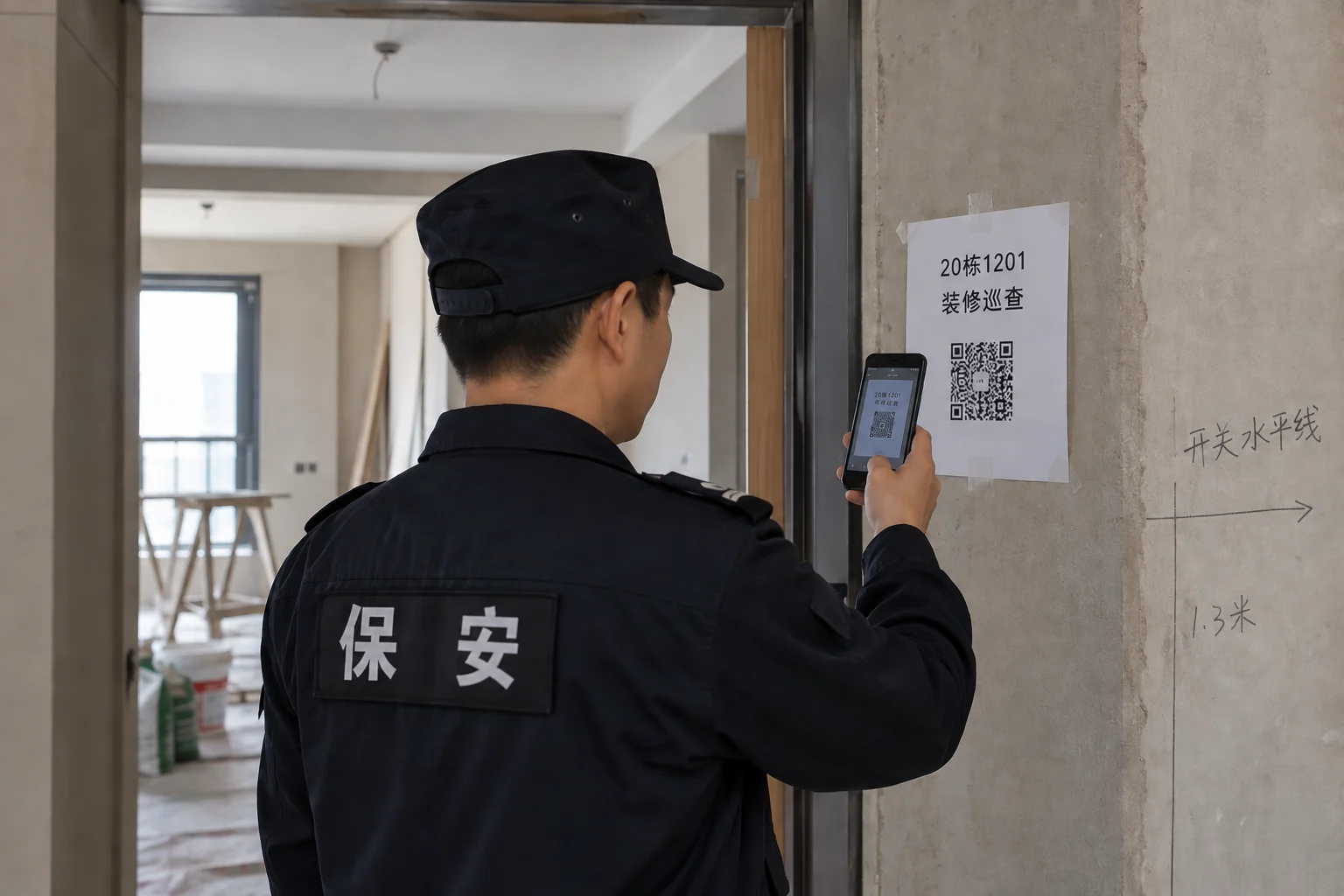 装修中的毛坯房门口，保安扫门柱上「20 栋 1201 装修巡查」的二维码，屋里堆着建材，墙上画着开关水平线