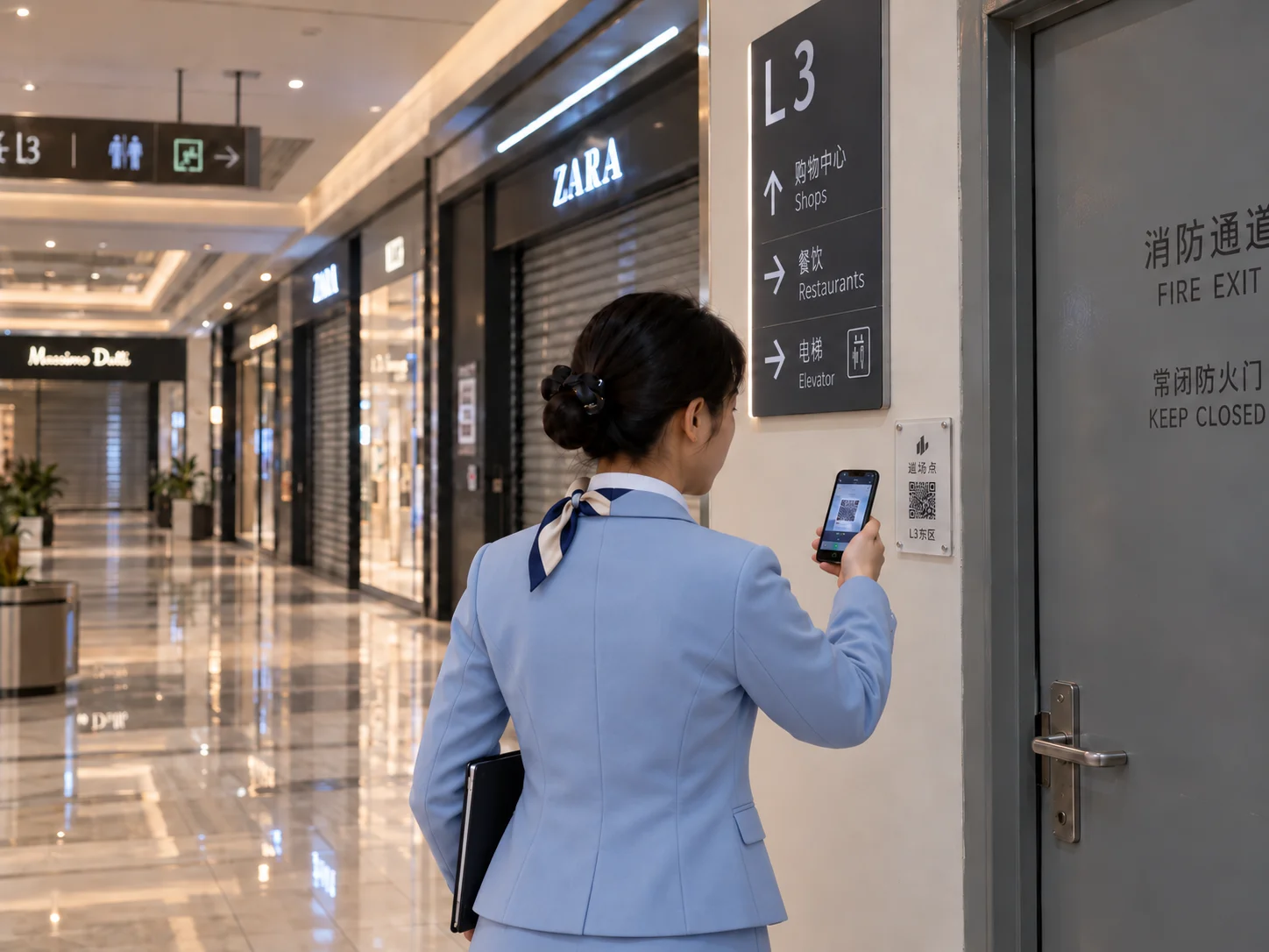 闭店后的商场 L3 层，穿浅蓝色制服的商业运营人员在消防通道门旁扫墙上「巡场点 L3 东区」的二维码牌，走廊两侧店铺已拉下卷帘门