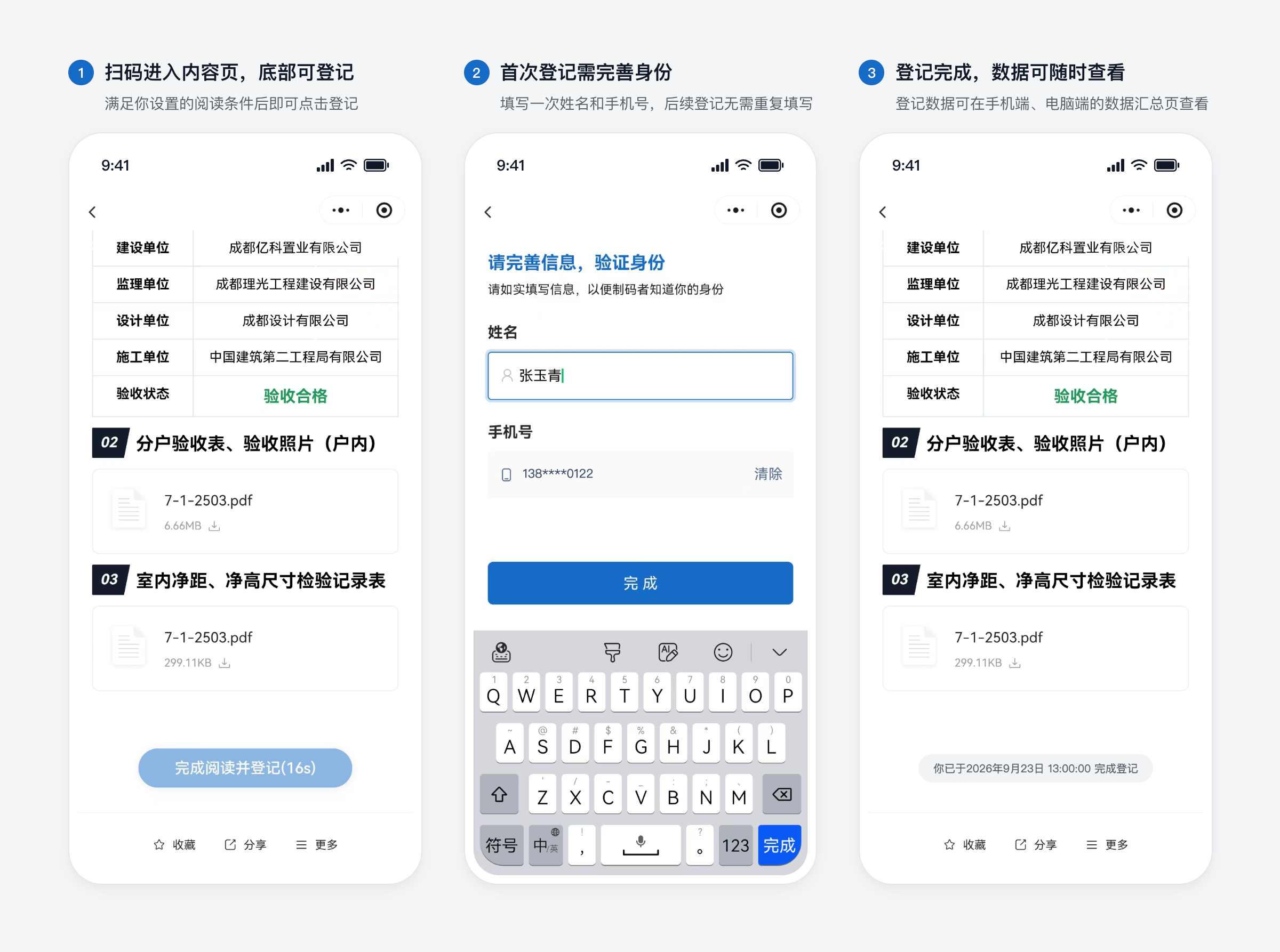扫码登记流程:阅读后登记、首次完善身份、完成登记