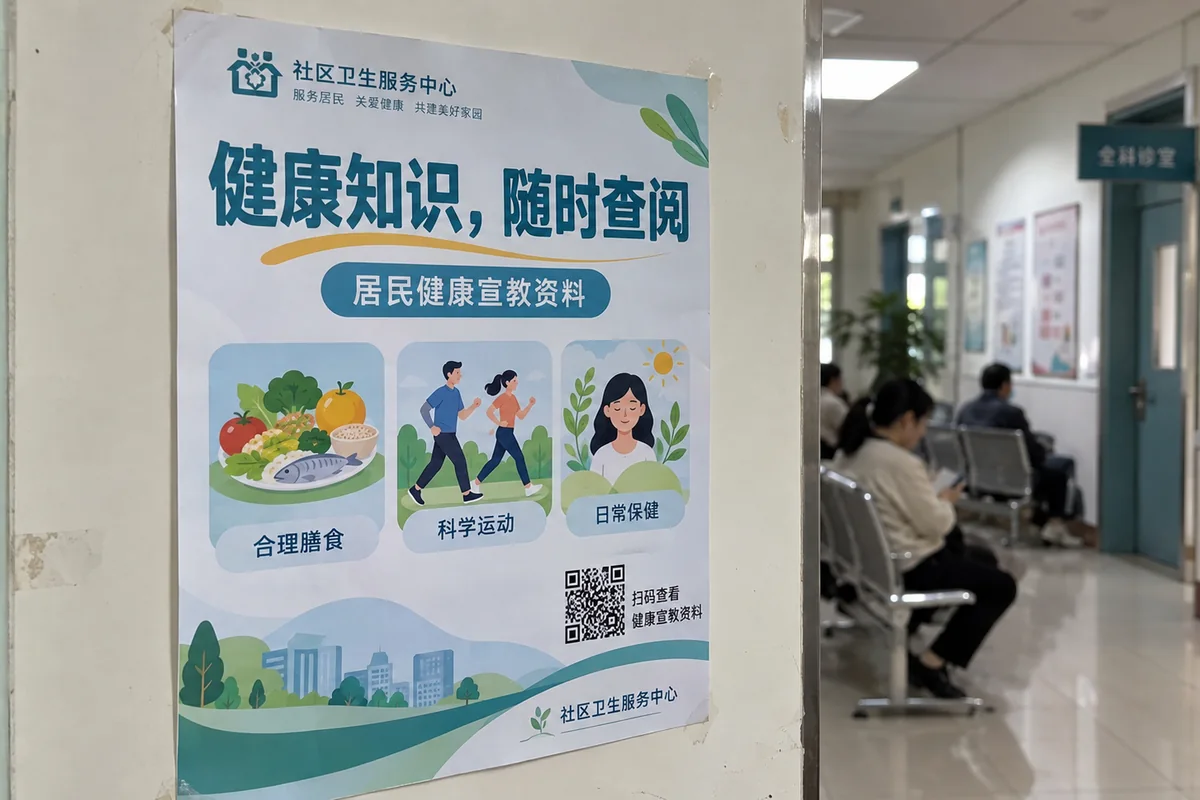 社区卫生服务中心走廊墙上贴着居民健康宣教资料海报，右下角印着扫码查看健康宣教资料的二维码
