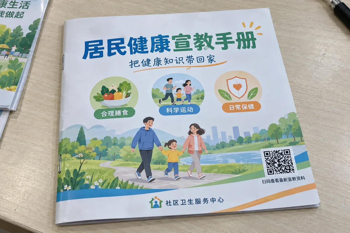 桌上的居民健康宣教手册，封面右下角印着扫码查看最新宣教资料的二维码
