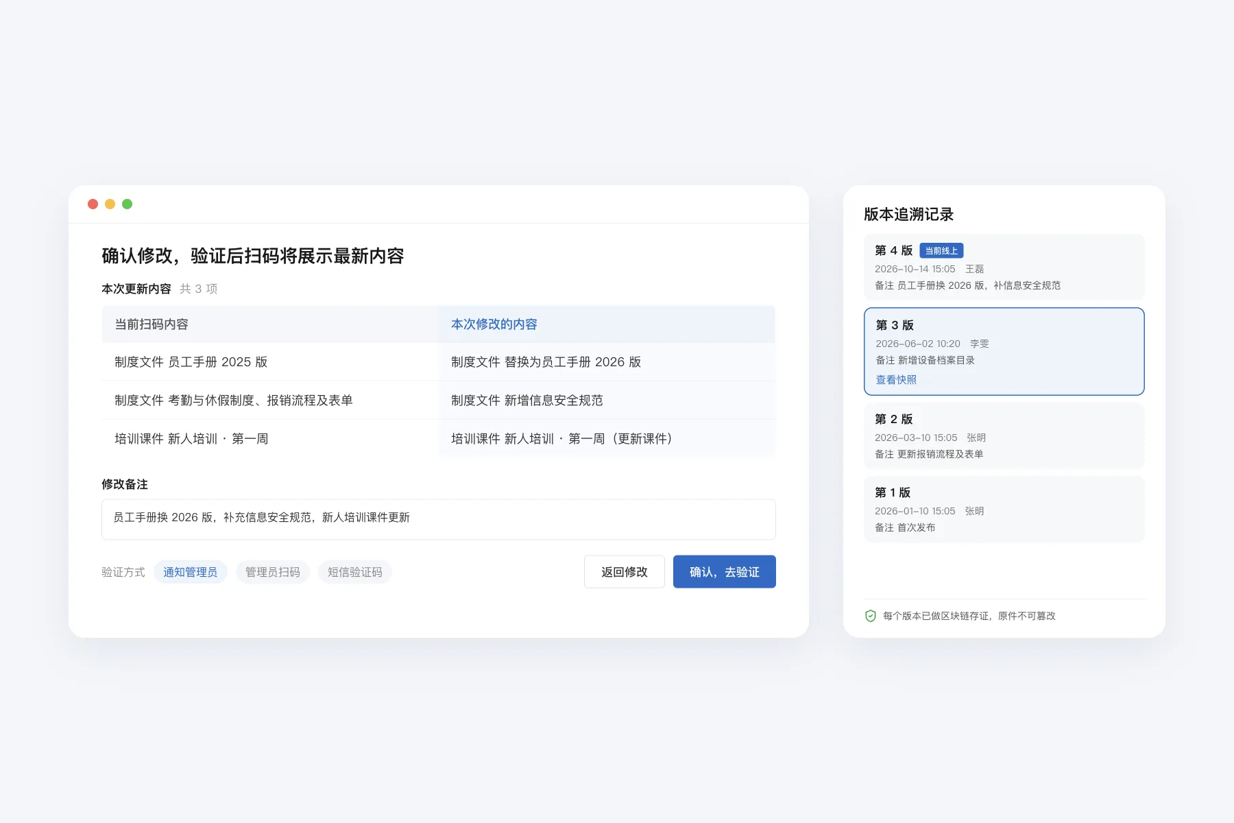 内容更新保护的确认弹窗对照修改前后的文件：员工手册换成 2026 版、新增信息安全规范、报销流程表单更新，需管理组确认后才对外展示；右侧版本追溯快照列出每一版的时间、操作人和备注