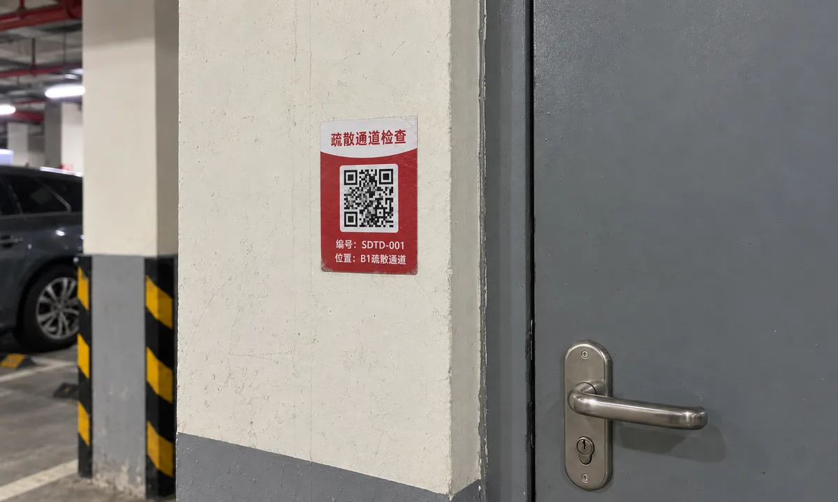 地下车库疏散通道门旁的墙柱上贴着疏散通道检查二维码标签，印有编号 SDTD-001 和位置 B1 疏散通道