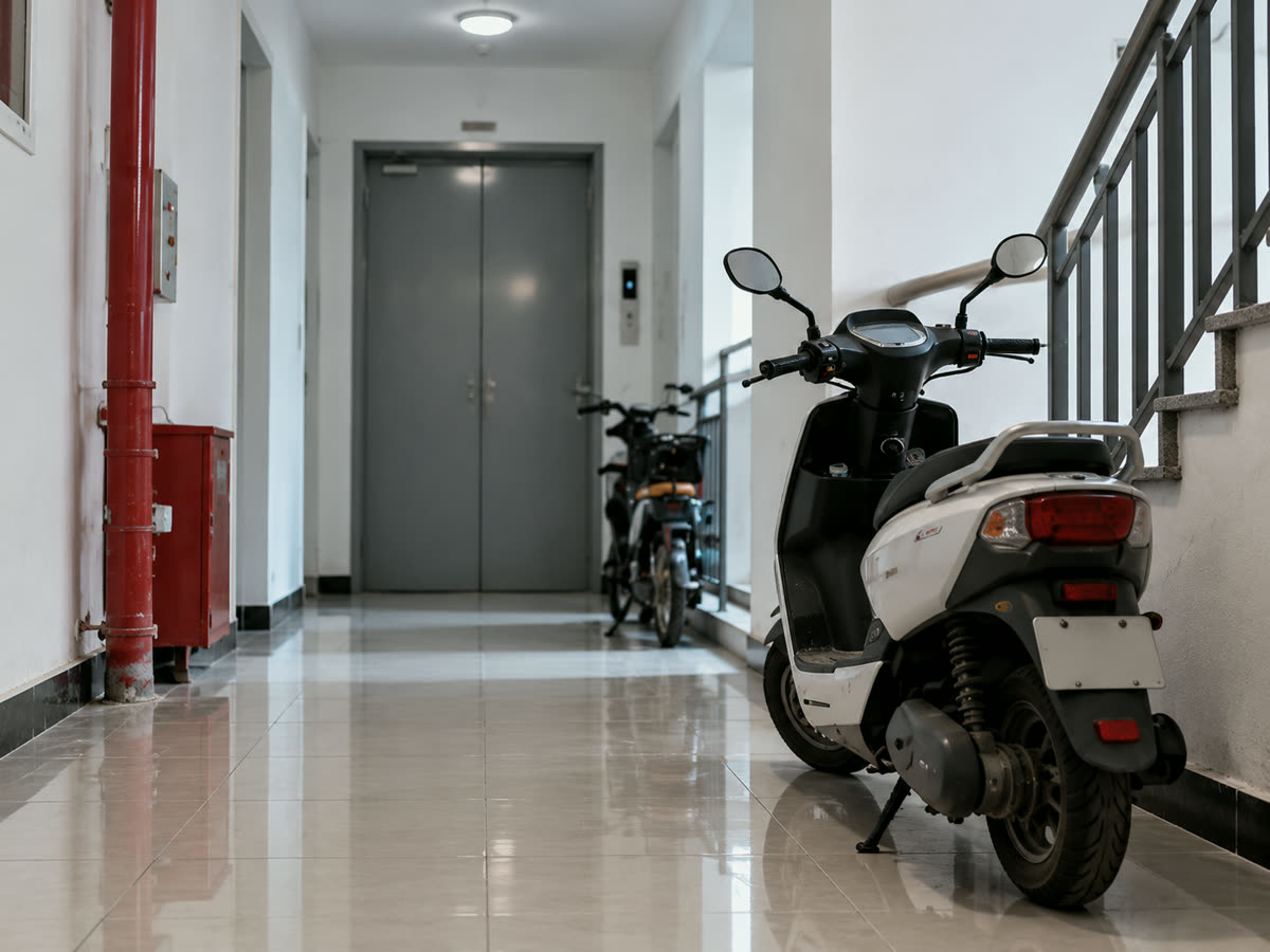 住宅楼道里停着电动车，旁边是消防栓和楼梯