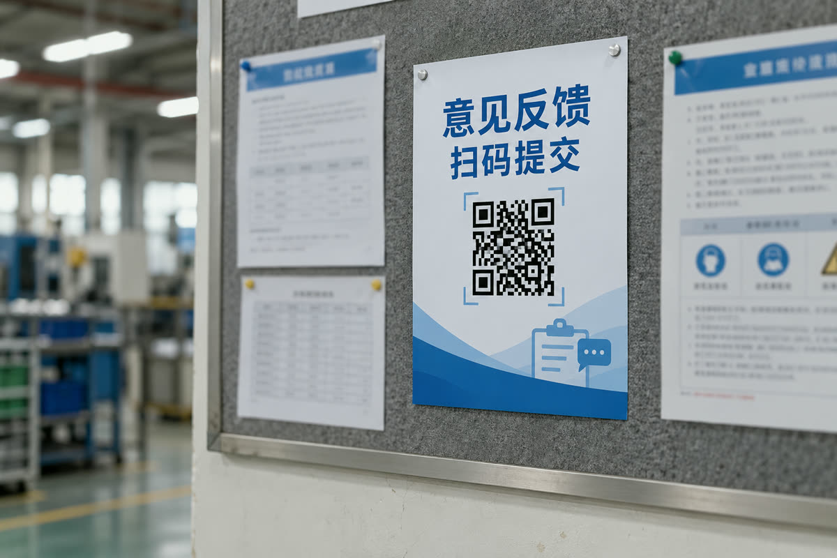 企业车间公告栏上贴着「意见反馈 扫码提交」二维码海报