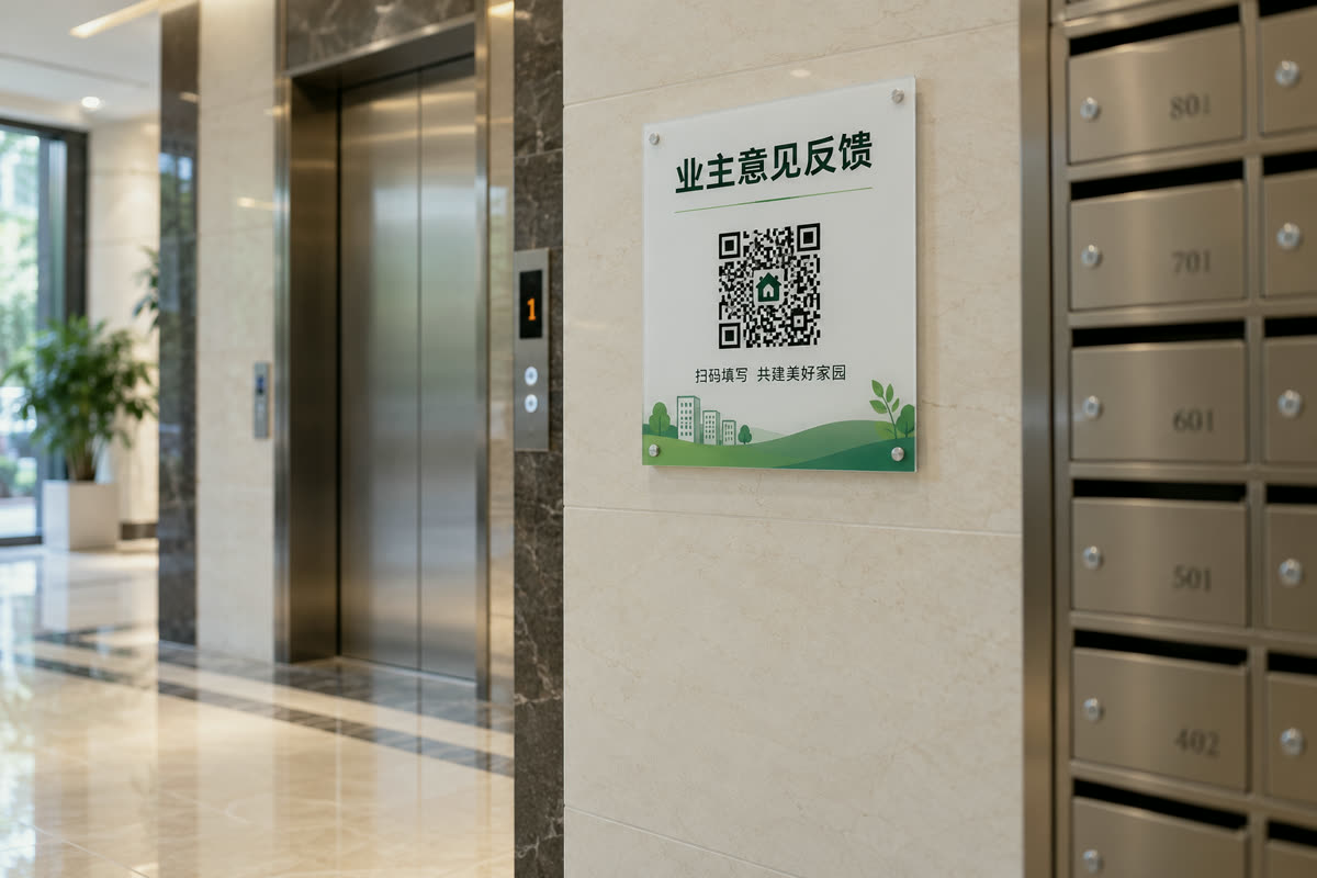 小区楼栋大堂墙上的「业主意见反馈」二维码标牌，旁边是电梯和信报箱