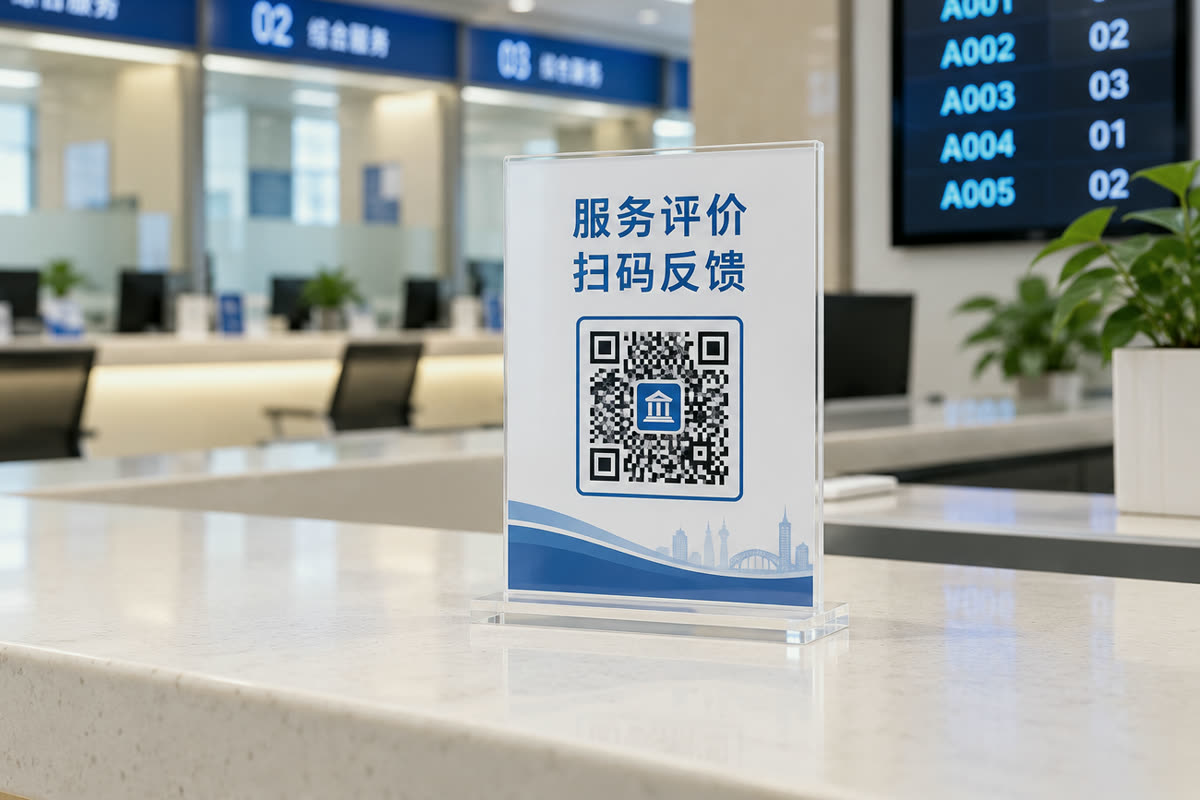政务服务大厅办事窗口台面上的亚克力立牌，印着「服务评价 扫码反馈」二维码