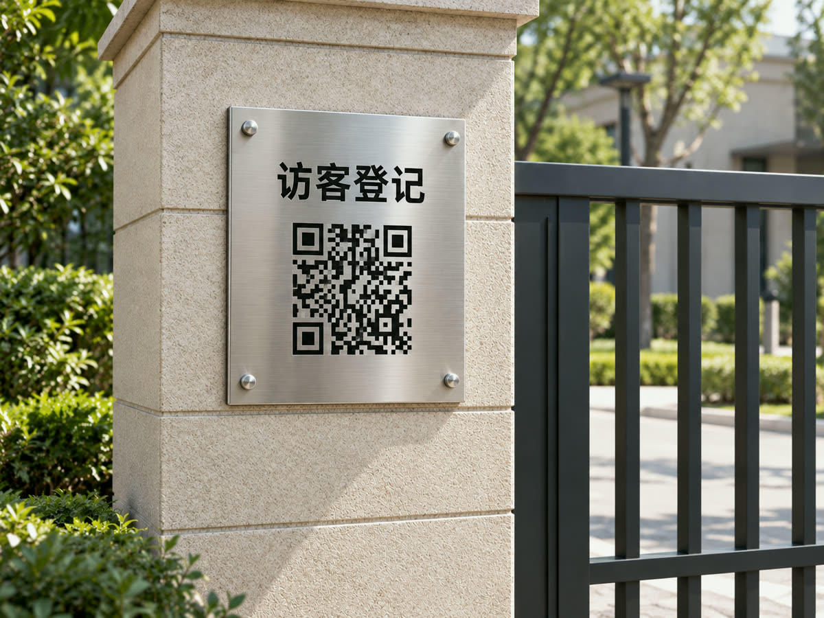 园区大门门柱上固定着蚀刻「访客登记」二维码的不锈钢标牌