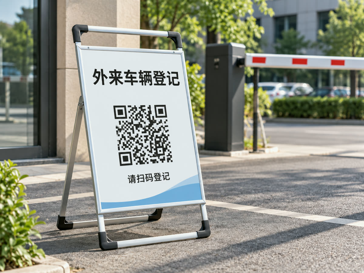 车辆入口道闸旁立着白色「外来车辆登记」二维码立牌