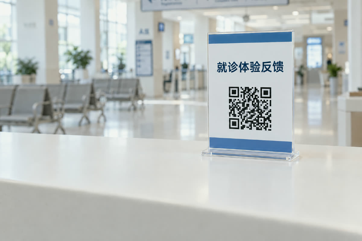 医院门诊服务台上的亚克力立牌，印着「就诊体验反馈 扫码提交」二维码