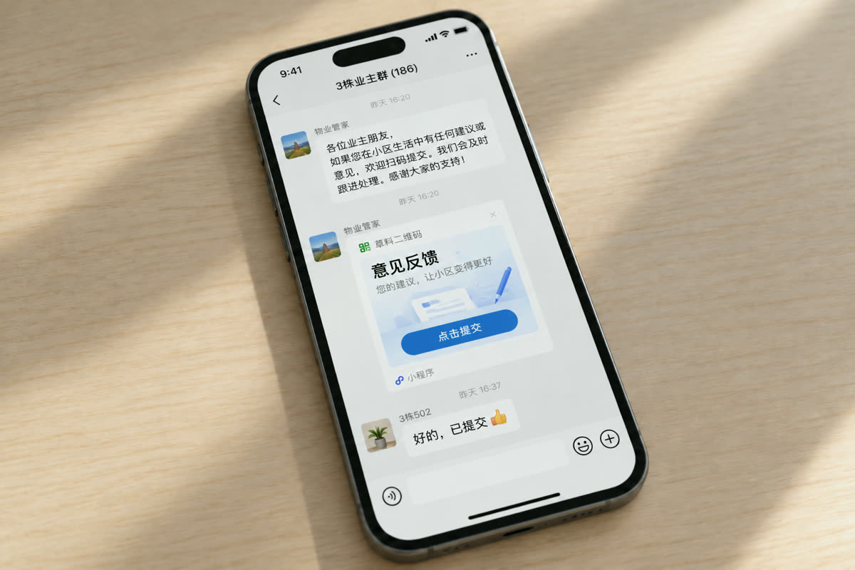 手机微信业主群里转发的「意见反馈」小程序卡片
