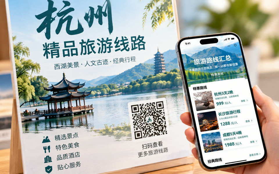 杭州旅游线路台卡上的二维码，手机显示扫码后的旅游路线汇总