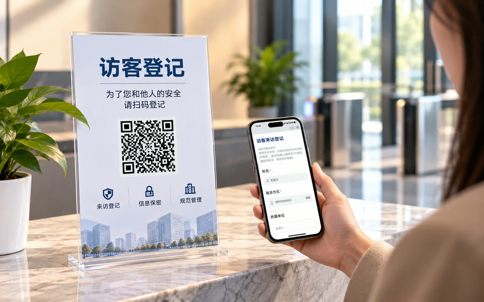 前台的访客登记二维码台卡，访客用手机扫码填写登记表