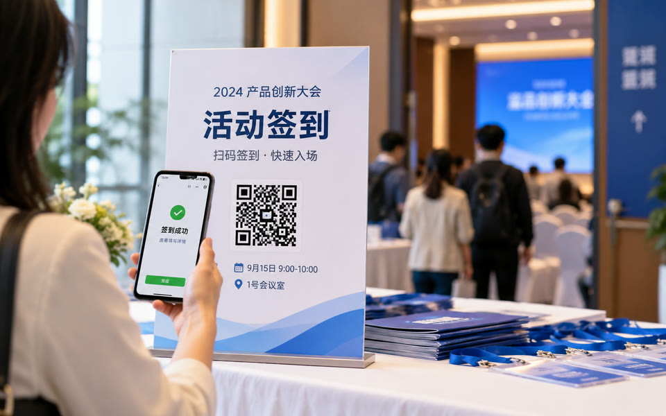 会场签到台上的活动签到二维码，参会人手机显示签到成功