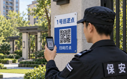保安用手机扫小区门口巡逻点上的二维码打点