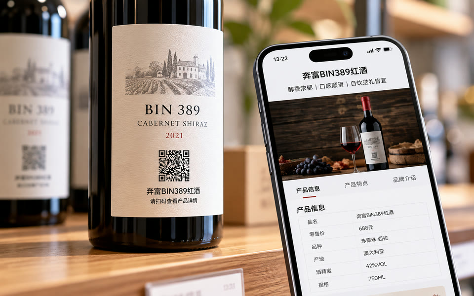 红酒瓶标上印着二维码，旁边手机显示扫码后的产品信息页