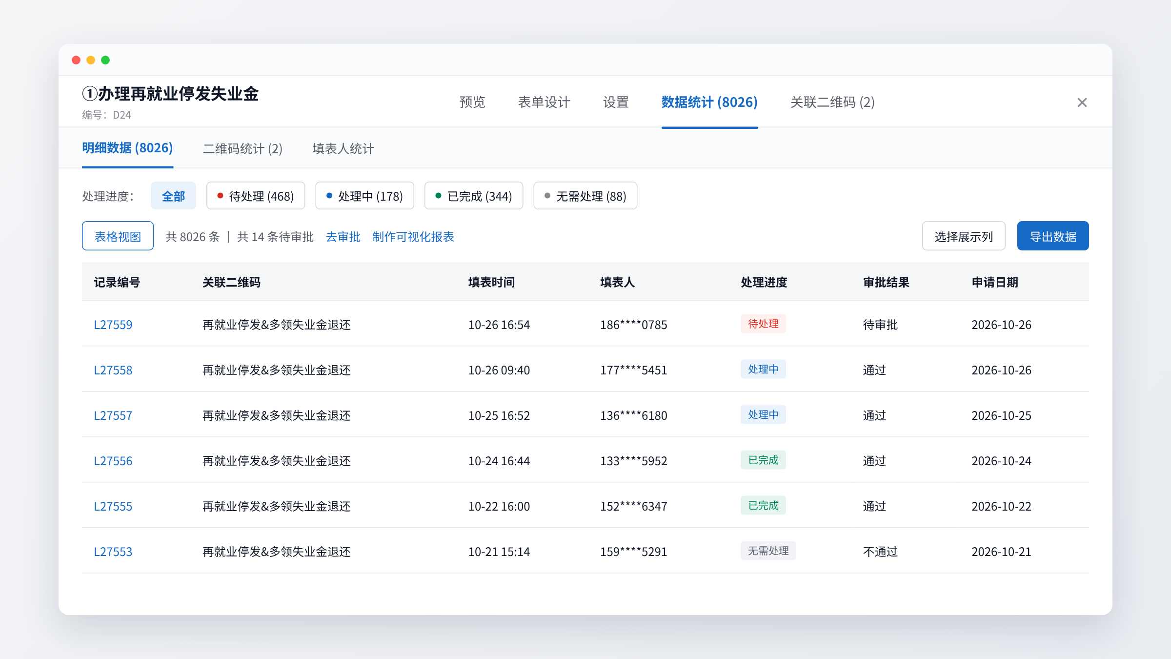 后台的申请记录列表，可按处理进度筛选并查看审批结果